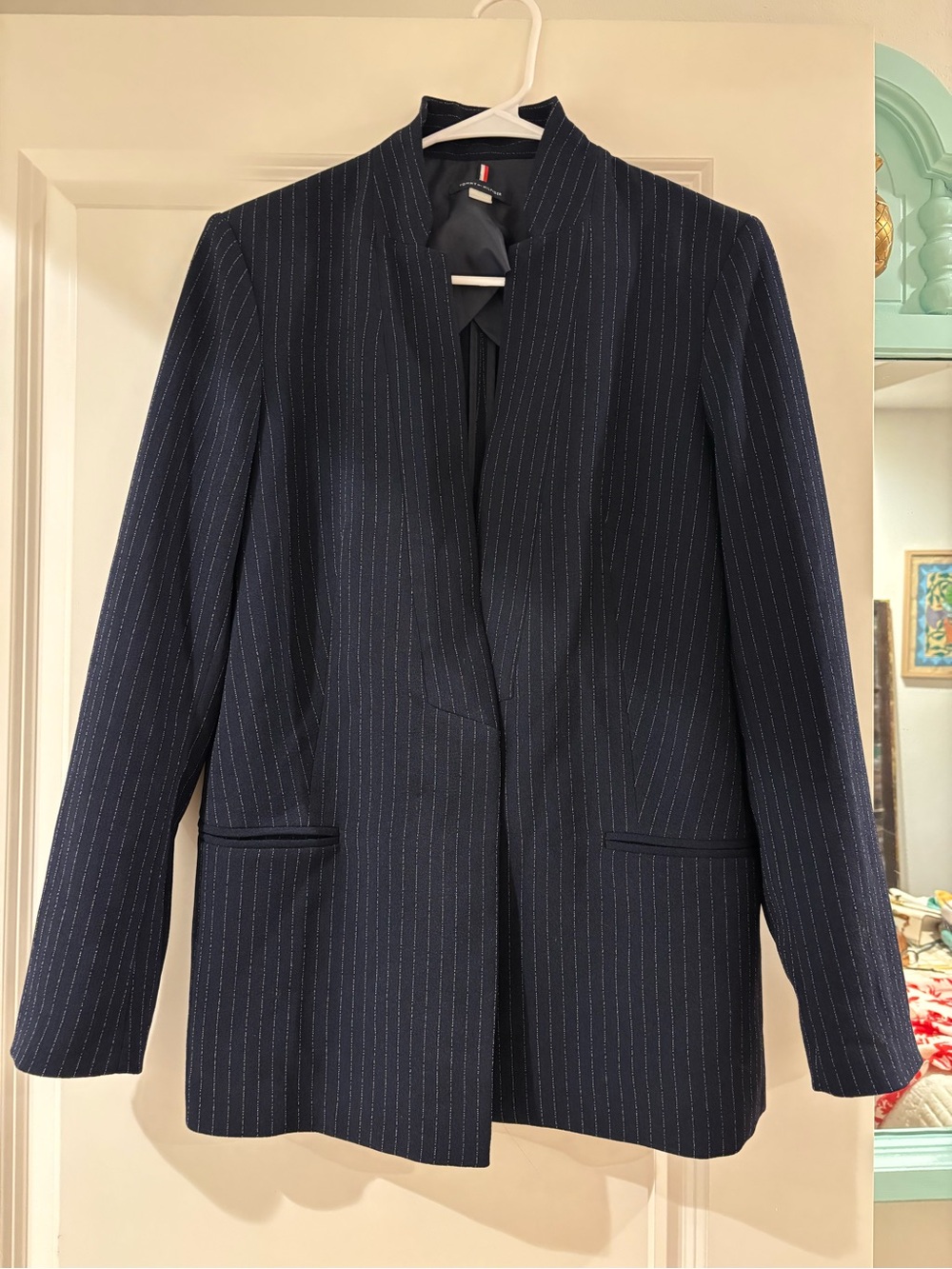 EUC Tommy Hilfiger Collarless Pinstripe Blazer Navy Size 8